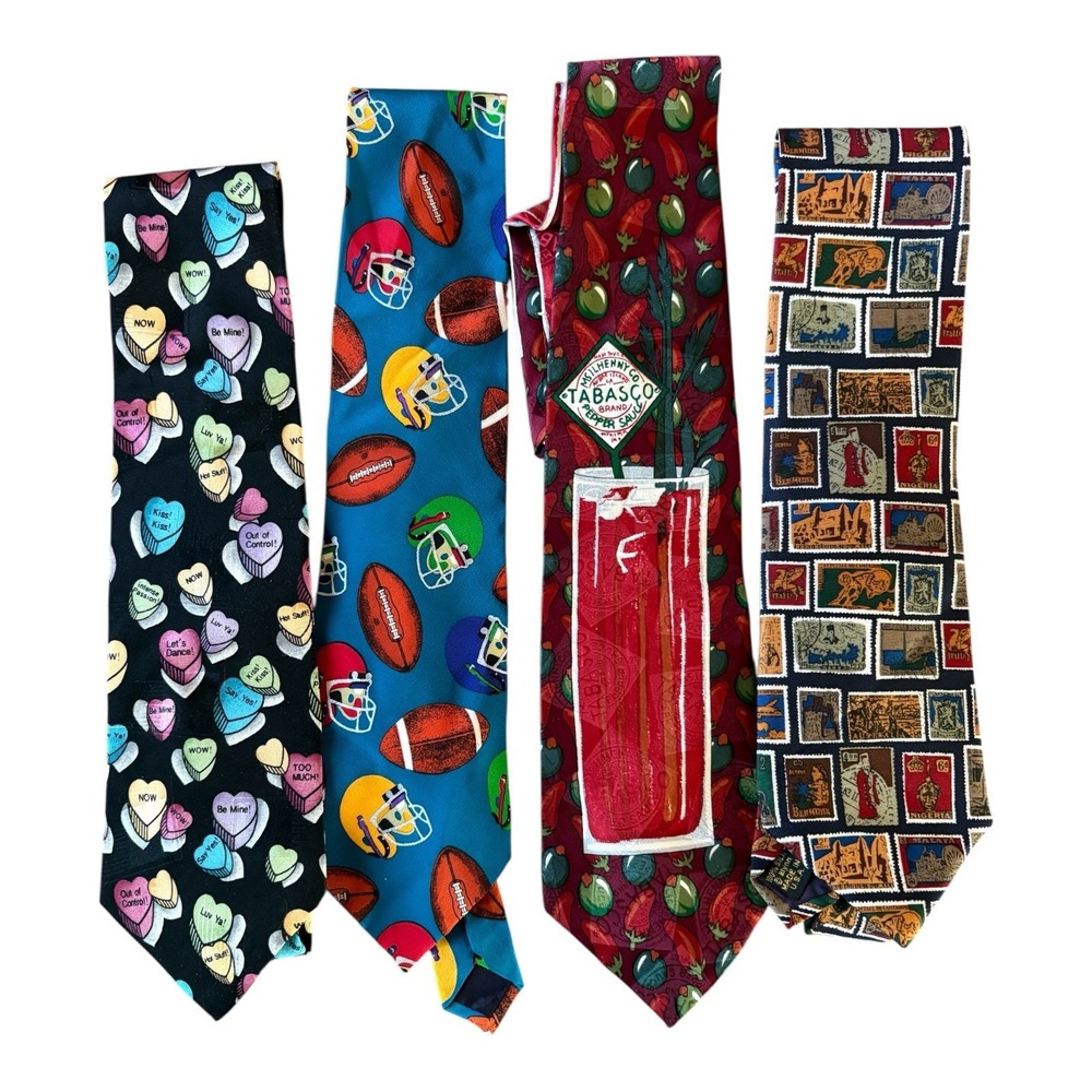 Men's Necktie Lot Of‎ 4 Tabasco, Candy Hearts, Stamps & Footballs All Over Print